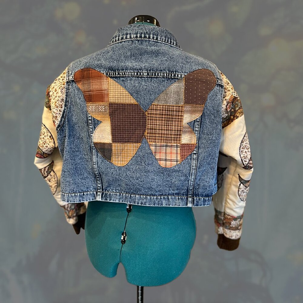 1OAK Quilt-sleeve cropped boxy denim jacket with Butterfly sz L
